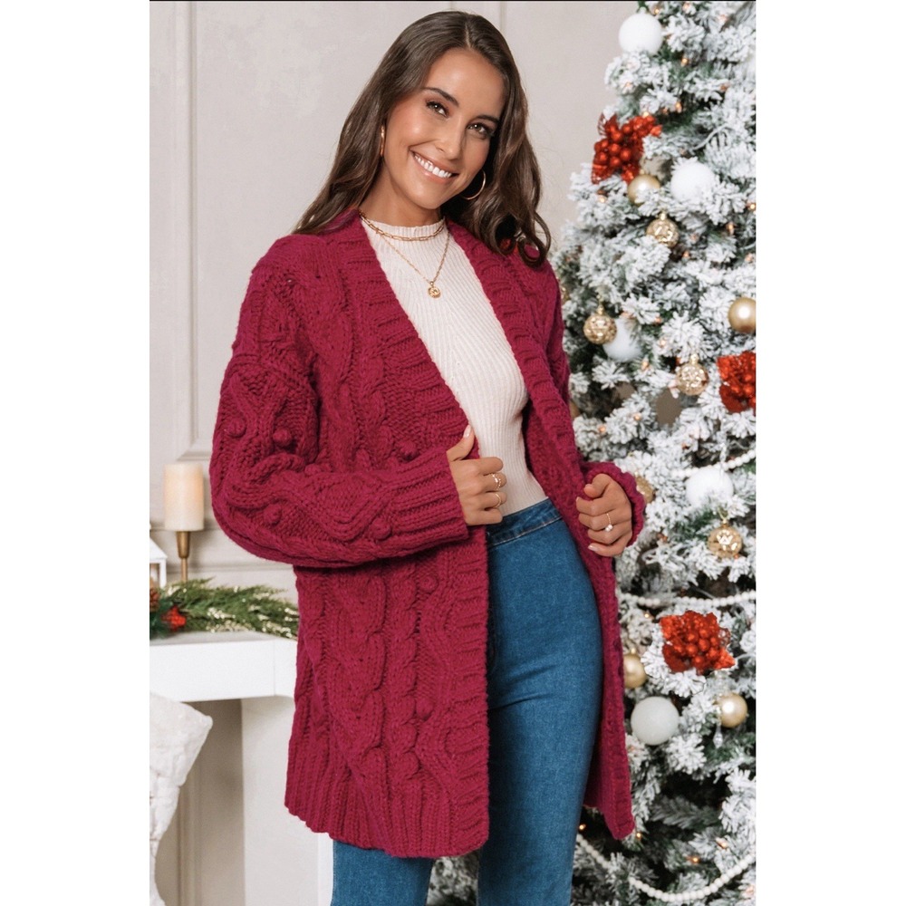 CUPSHE Women's Red Cable Knit Open Front V-Neck Cardigan Sweater Size L
